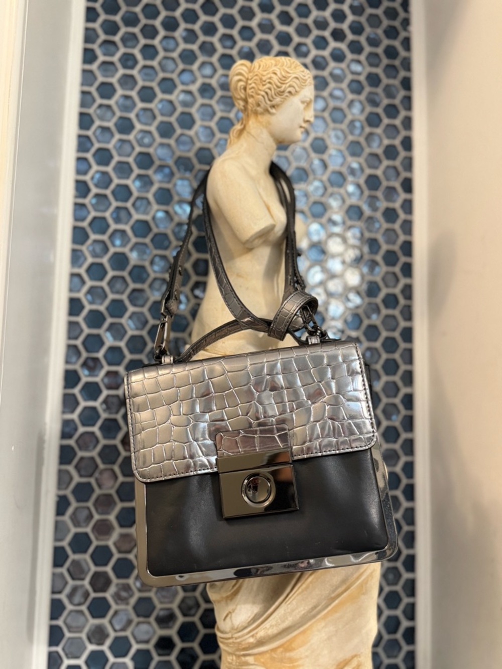 Milly Croc Embossed Leather Satchel | Black & Metallic | Top Handle Crossbody